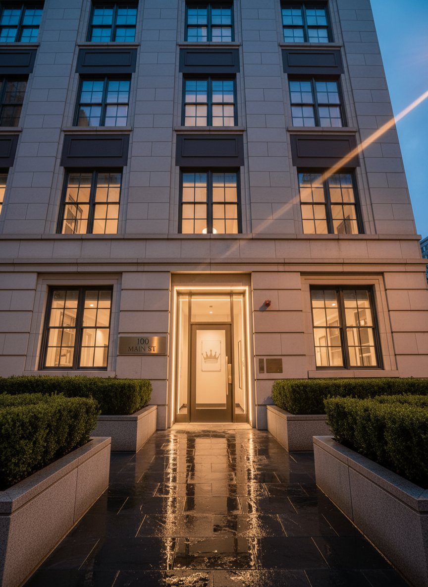 A twilight exterior of a distinguished urban apartment building facade, clad in smooth limestone panels and dark bronze detailing, with warm interior lights glowing softly through tall, grid-framed windows. The entrance features a recessed doorway with subtle indirect lighting washing over a brushed brass address plaque and a minimalist crown-shaped logo etched into the glass. Low boxwood hedges in stone planters line a narrow pathway of wet slate pavers, reflecting the last hints of blue hour sky. Shot from a low-angle perspective in photographic realism, with crisp focus and gentle lens flare from a nearby streetlight, the composition emphasizes vertical lines and understated grandeur, creating a sophisticated, secure atmosphere that embodies premium city property and smart investment potential.