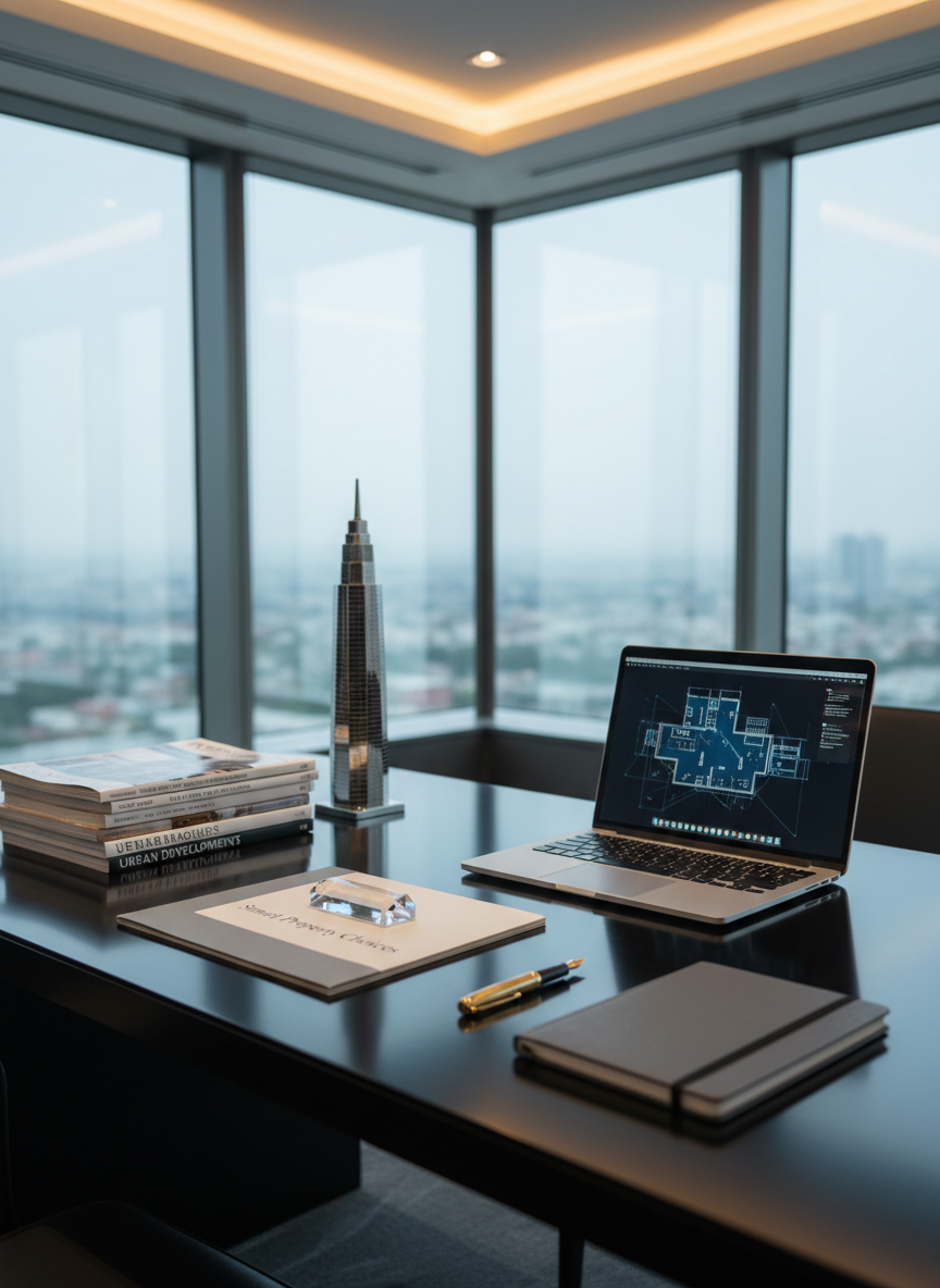 An elegant property investment workspace scene with a sleek, matte black glass desk supporting a high-end silver laptop displaying floor plans, beside neatly stacked architectural magazines and a miniature chrome-and-glass skyscraper model. A slim crystal paperweight rests on a folder labeled “Smart Property Choices,” while a graphite notebook and brass fountain pen align perfectly along the desk’s edge. The environment is a refined corner office with a blurred cityscape visible through tall windows. Cool morning daylight mixes with warm, recessed ceiling lights, creating balanced, professional illumination and gentle reflections in the glass desktop. Captured from a slightly elevated angle in photographic realism, with shallow depth of field isolating the desk, the mood is focused, intelligent, and luxurious, reflecting data-driven, sophisticated real estate decisions.