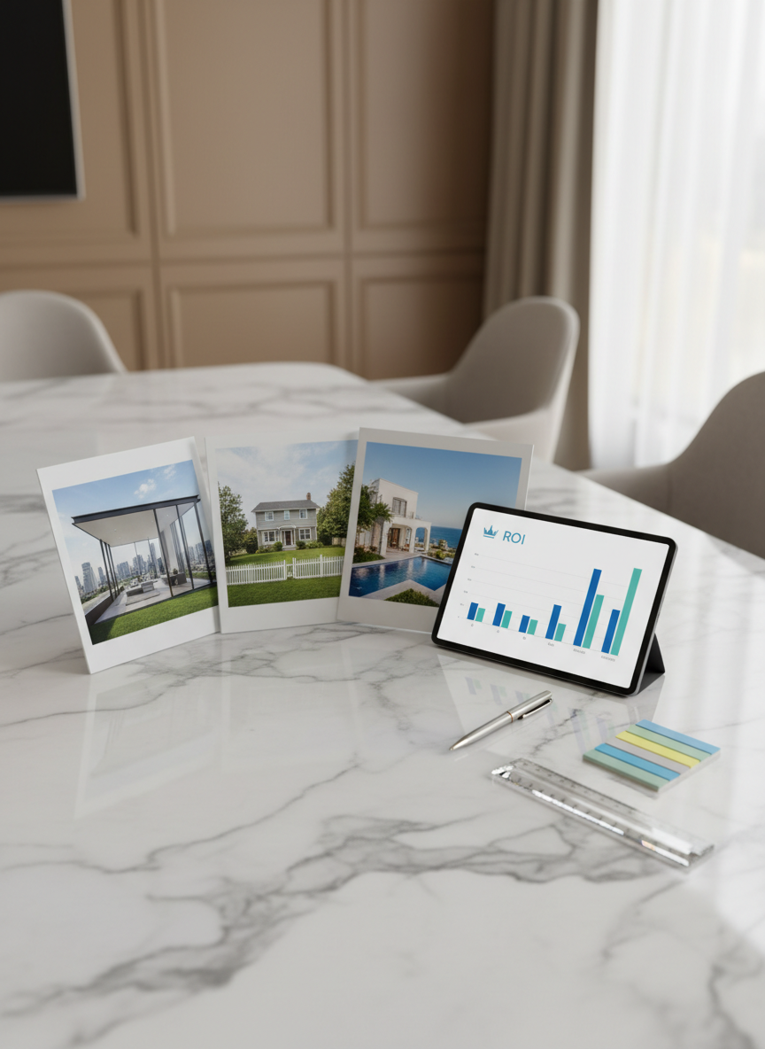 A refined comparative property analysis scene on a marble conference table, featuring three high-quality, matte-finish property brochures fanned out, each showing different architectural styles: a glass-fronted penthouse, a leafy suburban home, and a boutique coastal villa. A slim graphite-gray tablet displays a clean bar chart labeled “ROI” alongside a minimal crown icon. A transparent crystal ruler, metallic silver pen, and a set of color-coded sticky flags rest neatly nearby. The backdrop is a blurred, upscale meeting room with paneled walls in warm taupe. Soft overhead lighting and a hint of natural side light produce even, shadow-softened illumination. Captured from a top-down perspective in crisp photographic realism, the composition feels organized, analytical, and calm, highlighting the sophistication of smart, comparative property choices without showing any people.