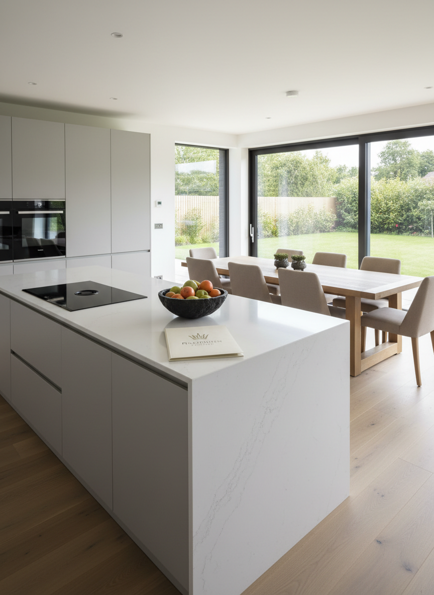 A sunlit, impeccably staged open-plan kitchen and dining area in a premium family home, showcasing a long white quartz island with waterfall edges, integrated induction cooktop, and seamless handleless cabinetry in soft dove gray. On the island sits a sculptural black stone fruit bowl and a folded contract folder embossed with a subtle geometric crown icon, symbolizing PixelQueen Property. Beyond, a wooden dining table with upholstered chairs anchors the space. Natural midday light floods in through oversized sliding glass doors, illuminating matte finishes and creating crisp, gentle shadows on the light oak floor. Photographed from a slightly elevated corner with wide-angle composition and sharp focus, the photographic realism emphasizes clean lines, calm neutral tones, and a serene, better-living atmosphere that feels both aspirational and attainable.
