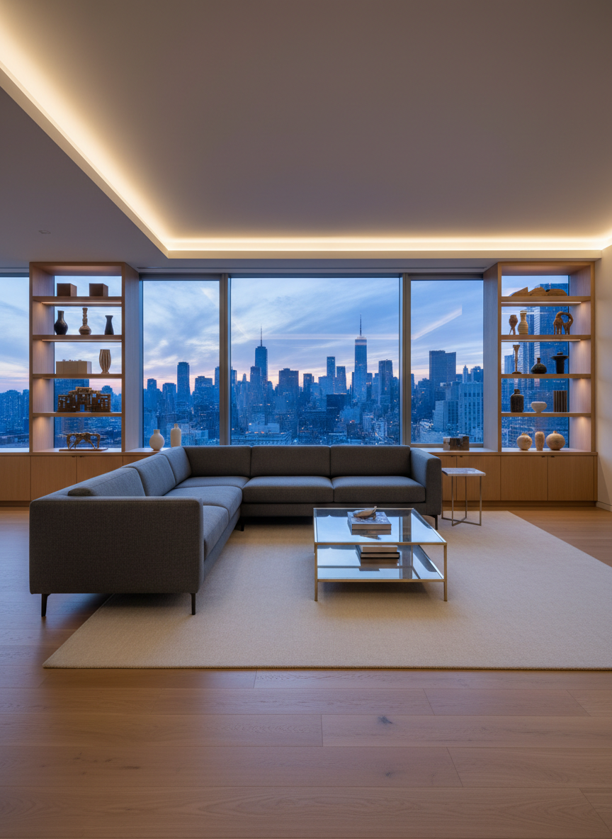 A luxurious contemporary living room interior representing premium urban property, featuring a low-profile charcoal gray sectional sofa with tailored upholstery, a glass-topped brass coffee table, and a floor-to-ceiling window revealing a distant city skyline at dusk. The room rests on a soft ivory wool rug atop wide-plank oak flooring, with built-in shelving displaying minimalist ceramic vases and architectural models. Soft, indirect LED cove lighting and the last cool daylight create layered illumination, casting refined shadows and subtle reflections on glass and metal. Photographed at eye level with a wide-angle lens, sharp focus and photographic realism, the composition follows the rule of thirds, conveying a sophisticated, aspirational mood that embodies smart, elegant city living.