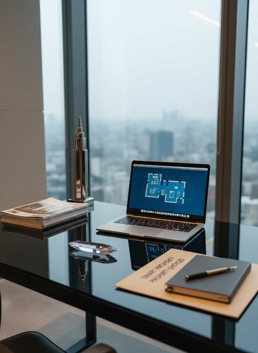 An elegant property investment workspace scene with a sleek, matte black glass desk supporting a high-end silver laptop displaying floor plans, beside neatly stacked architectural magazines and a miniature chrome-and-glass skyscraper model. A slim crystal paperweight rests on a folder labeled “Smart Property Choices,” while a graphite notebook and brass fountain pen align perfectly along the desk’s edge. The environment is a refined corner office with a blurred cityscape visible through tall windows. Cool morning daylight mixes with warm, recessed ceiling lights, creating balanced, professional illumination and gentle reflections in the glass desktop. Captured from a slightly elevated angle in photographic realism, with shallow depth of field isolating the desk, the mood is focused, intelligent, and luxurious, reflecting data-driven, sophisticated real estate decisions.