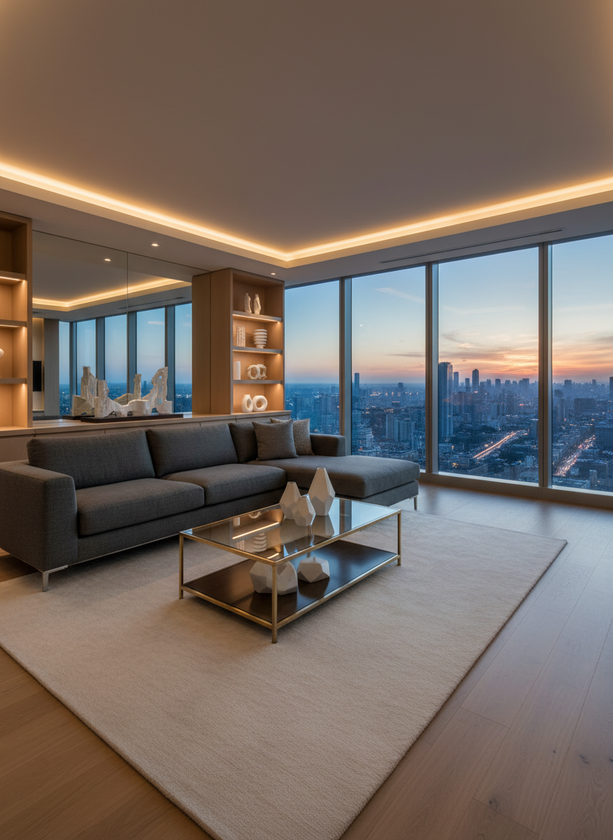 A luxurious contemporary living room interior representing premium urban property, featuring a low-profile charcoal gray sectional sofa with tailored upholstery, a glass-topped brass coffee table, and a floor-to-ceiling window revealing a distant city skyline at dusk. The room rests on a soft ivory wool rug atop wide-plank oak flooring, with built-in shelving displaying minimalist ceramic vases and architectural models. Soft, indirect LED cove lighting and the last cool daylight create layered illumination, casting refined shadows and subtle reflections on glass and metal. Photographed at eye level with a wide-angle lens, sharp focus and photographic realism, the composition follows the rule of thirds, conveying a sophisticated, aspirational mood that embodies smart, elegant city living.